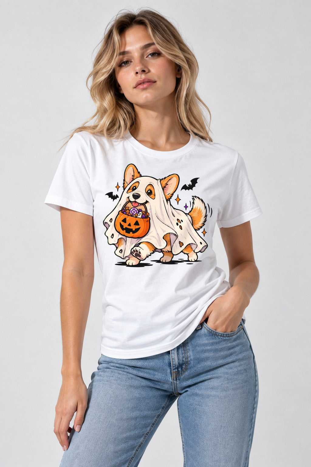 Ghost Corgi Trick or Treat - White