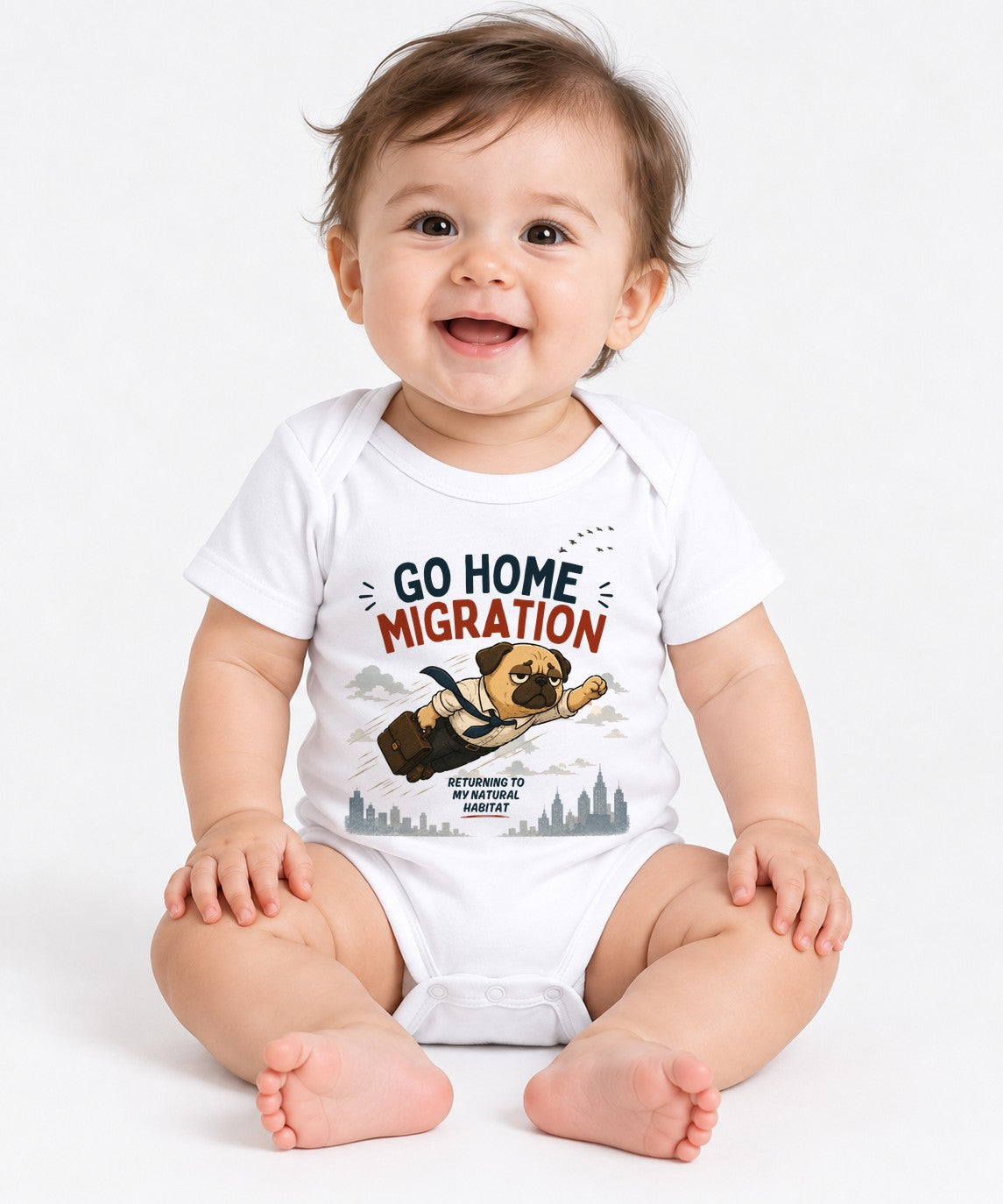 Go Home Migration Flying Pug Dog Funny Leaving Work Office Humor - White