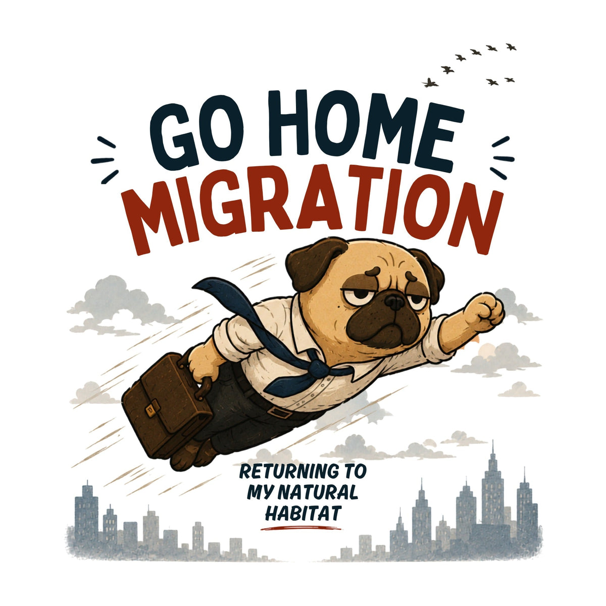 Go Home Migration Flying Pug Dog Funny Leaving Work Office Humor
