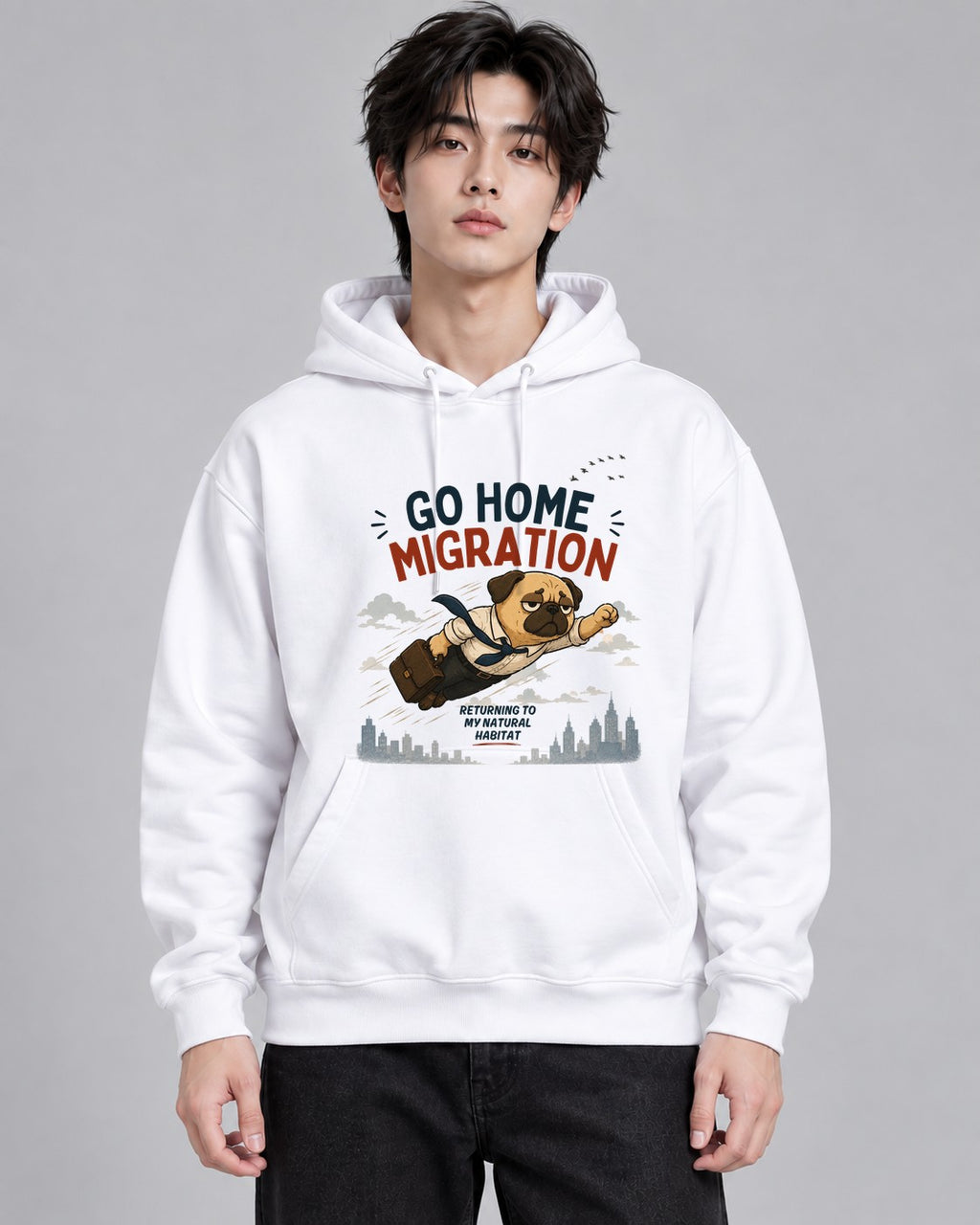Go Home Migration Flying Pug Dog Fun - White
