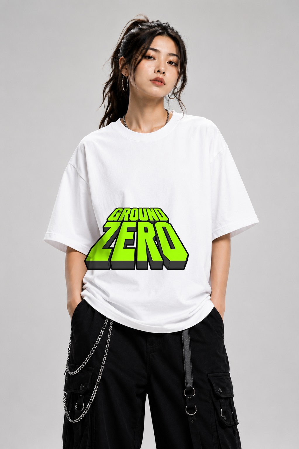 Ground Zero Bold 3D Lettering Graphic Tee - Retro Style - White