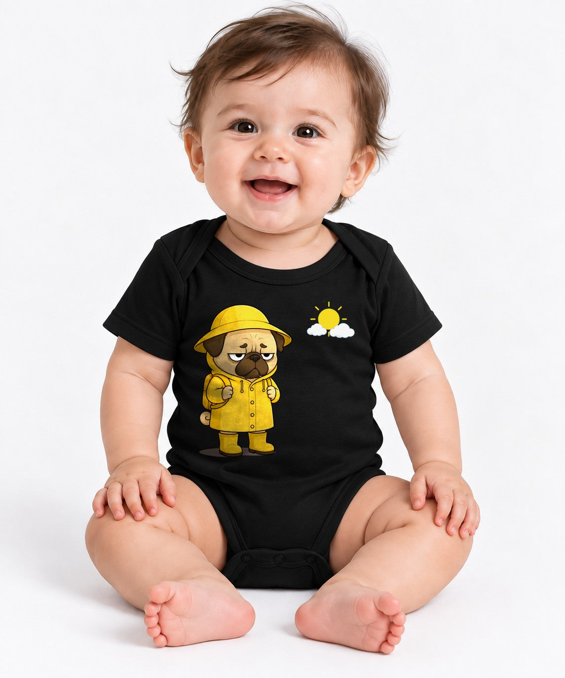 Grumpy Pug In Yellow Raincoat Sunny Day Funny Dog Meme - Black