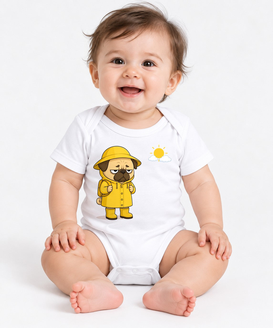Grumpy Pug In Yellow Raincoat Sunny Day Funny Dog Meme - White
