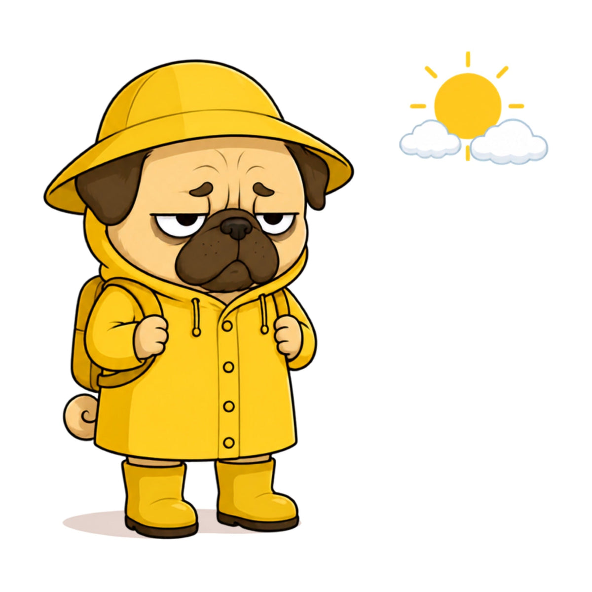 Grumpy Pug In Yellow Raincoat Sunny Day Funny Dog Meme