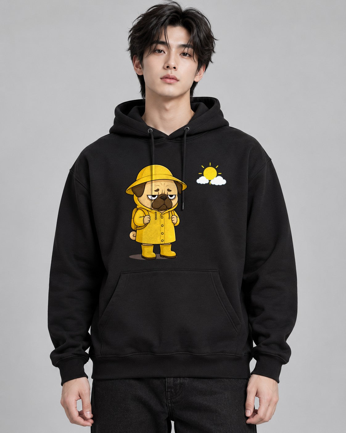Grumpy Pug In Yellow Raincoat Sunny - Black