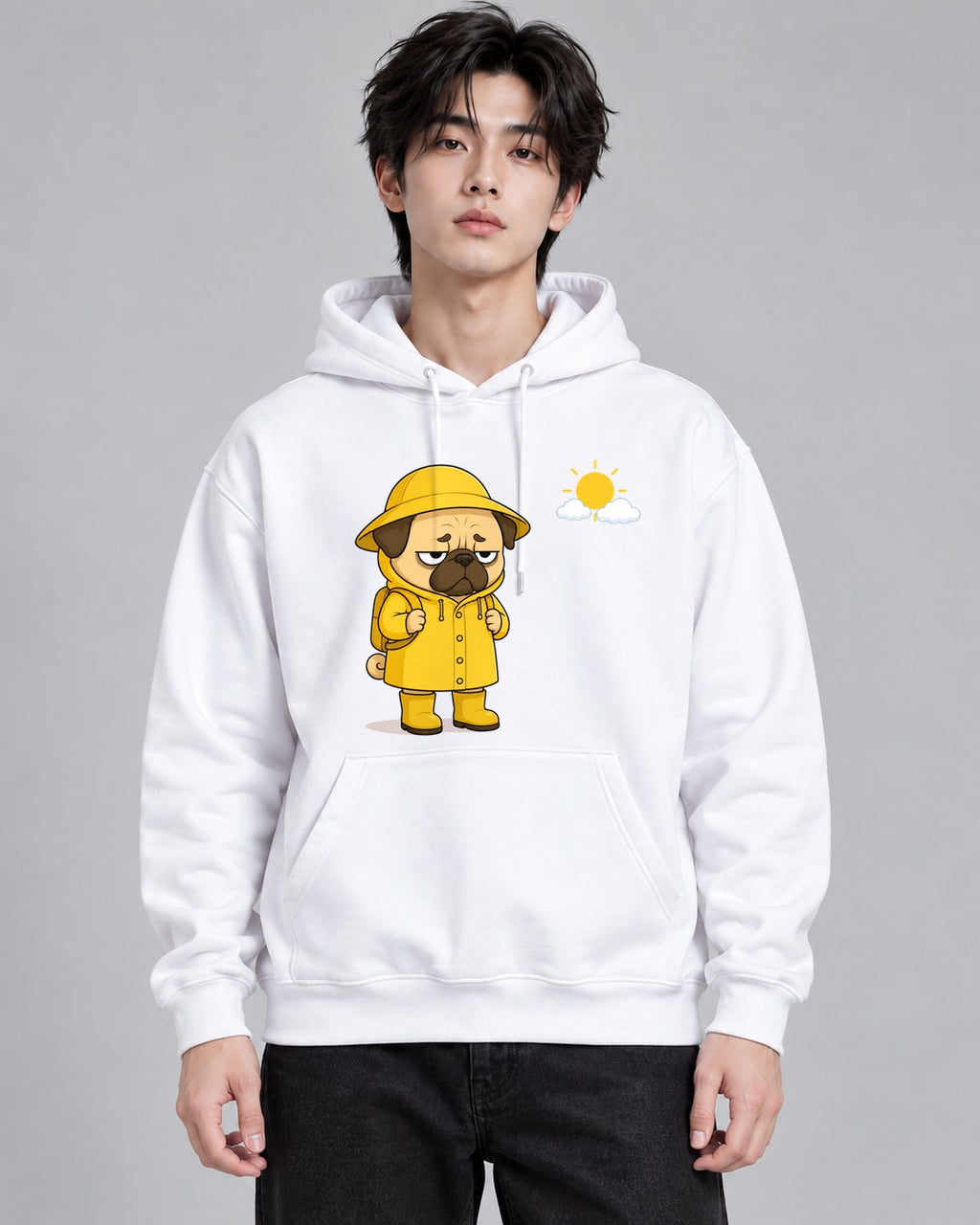 Grumpy Pug In Yellow Raincoat Sunny - White