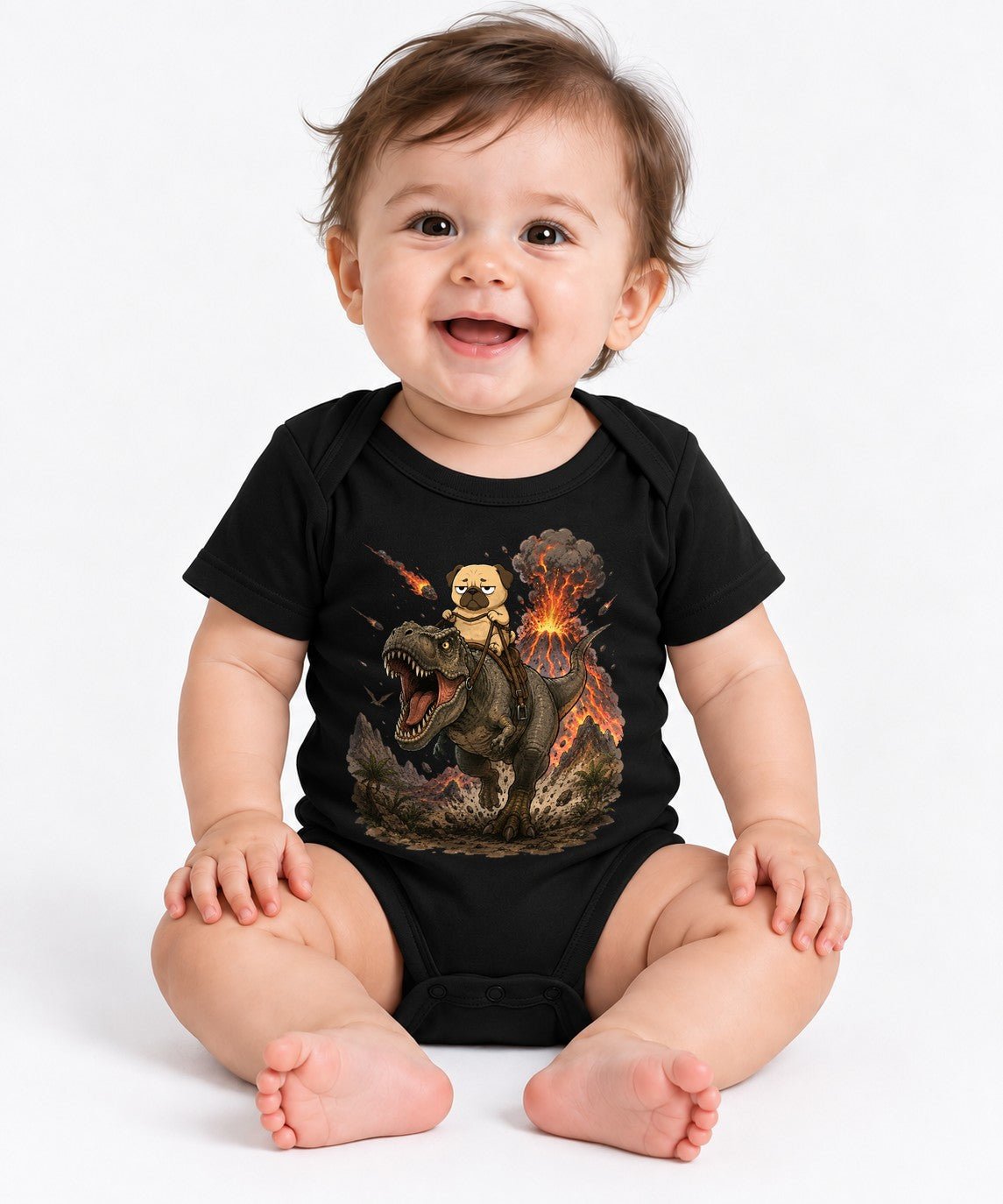 Grumpy Pug Riding T-Rex Dinosaur Volcano Apocalypse Funny Dog Humor - Black