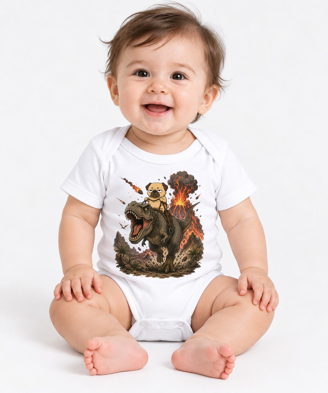 Grumpy Pug Riding T-Rex Dinosaur Volcano Apocalypse Funny Dog Humor - White