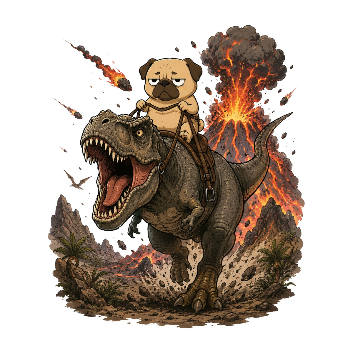 Grumpy Pug Riding T-Rex Dinosaur Volcano Apocalypse Funny Dog Humor