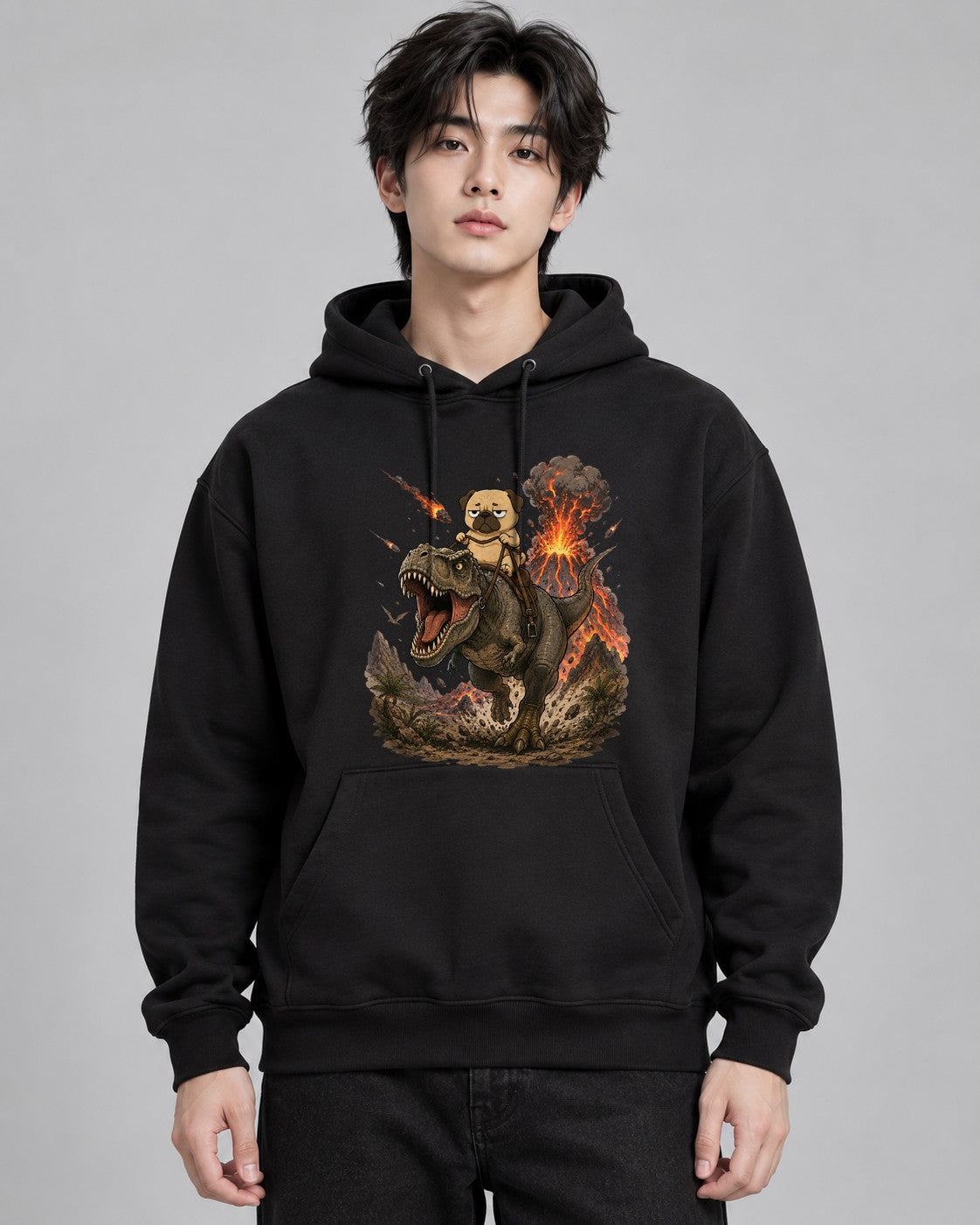 Grumpy Pug Riding T-Rex Dinosaur Vol - Black