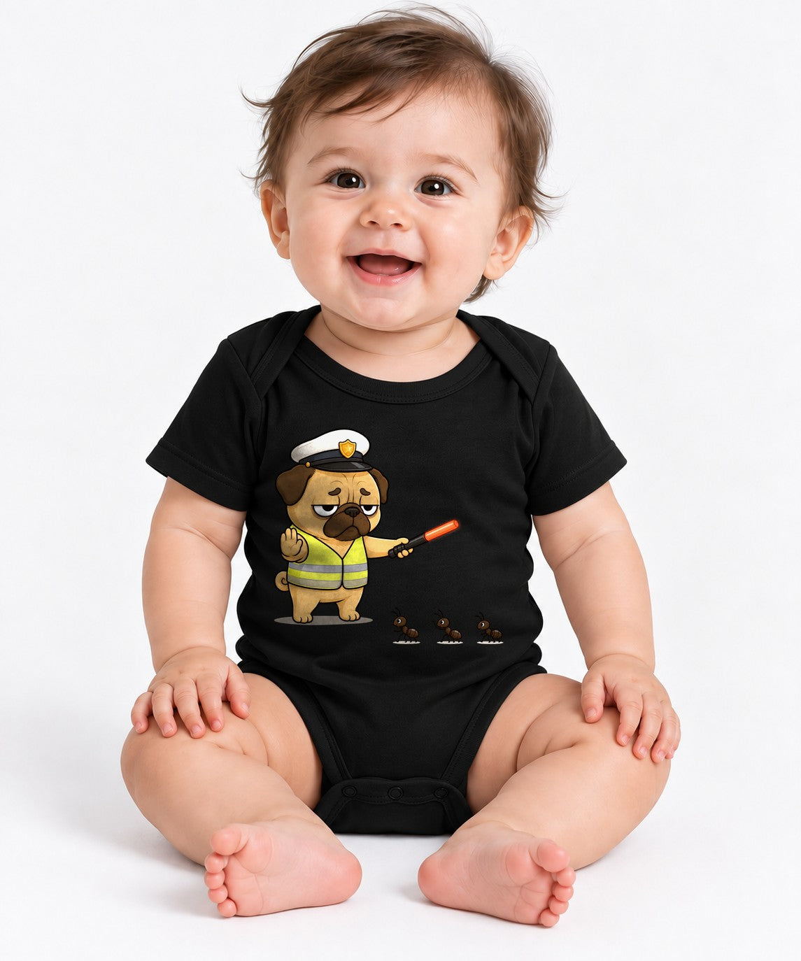 Grumpy Pug Traffic Guard VS Ant Army Funny Dog Uniform Humor - Black