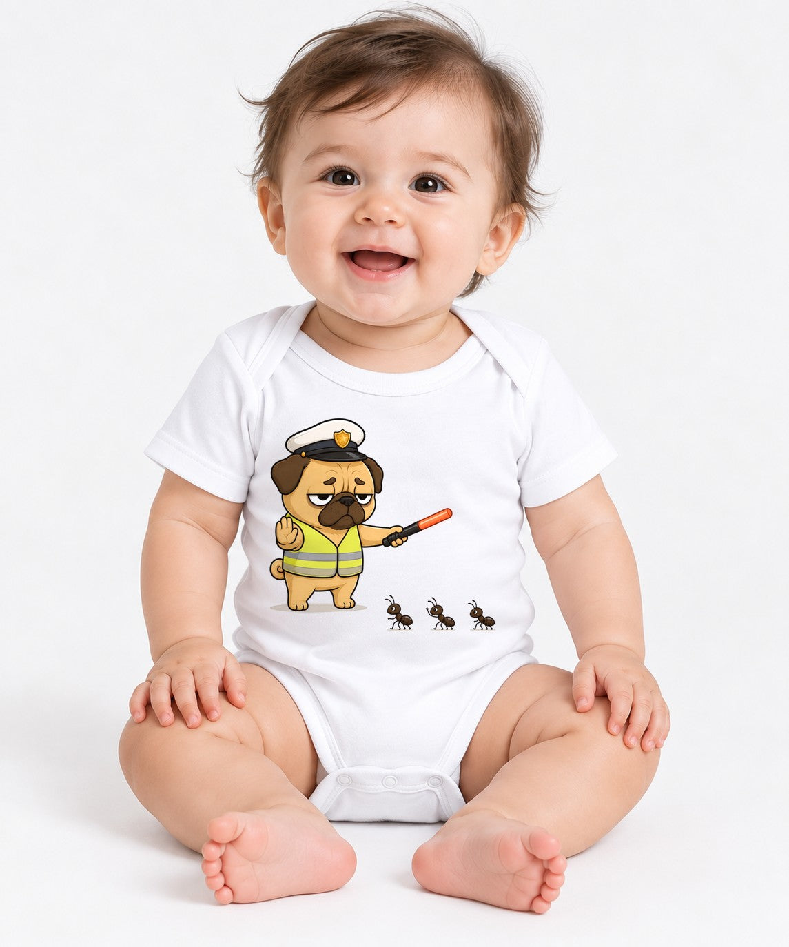 Grumpy Pug Traffic Guard VS Ant Army Funny Dog Uniform Humor - White