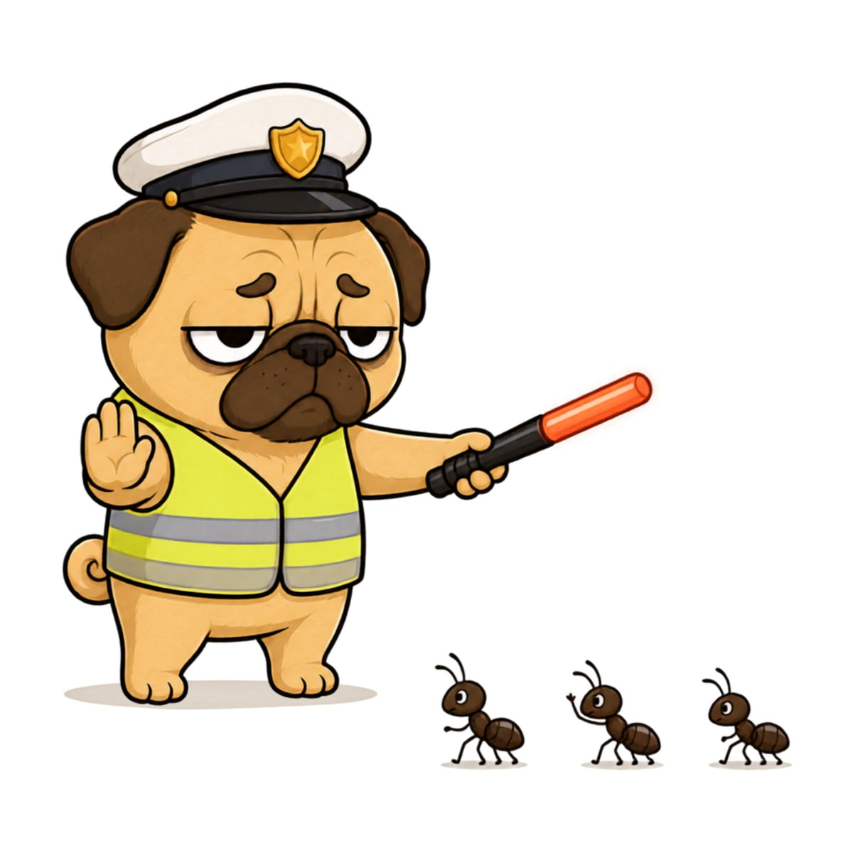 Grumpy Pug Traffic Guard VS Ant Army Funny Dog Uniform Humor