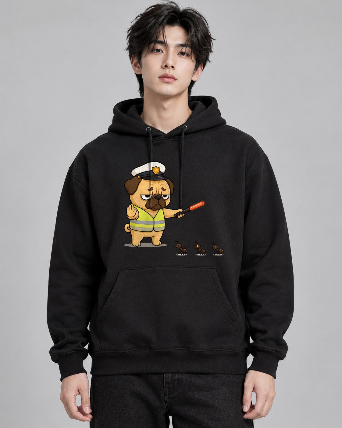 Grumpy Pug Traffic Guard VS Ant Army - Black