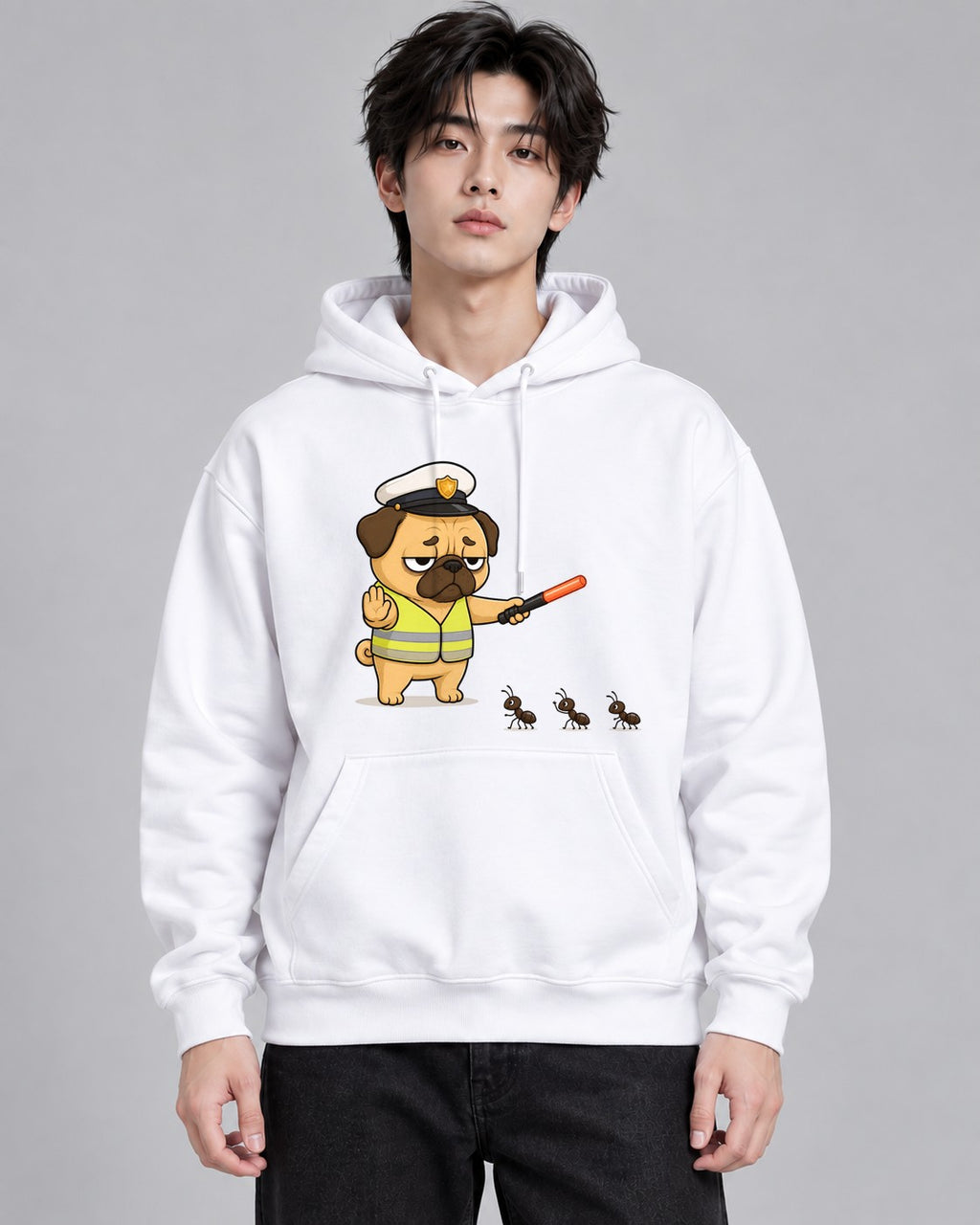 Grumpy Pug Traffic Guard VS Ant Army - White