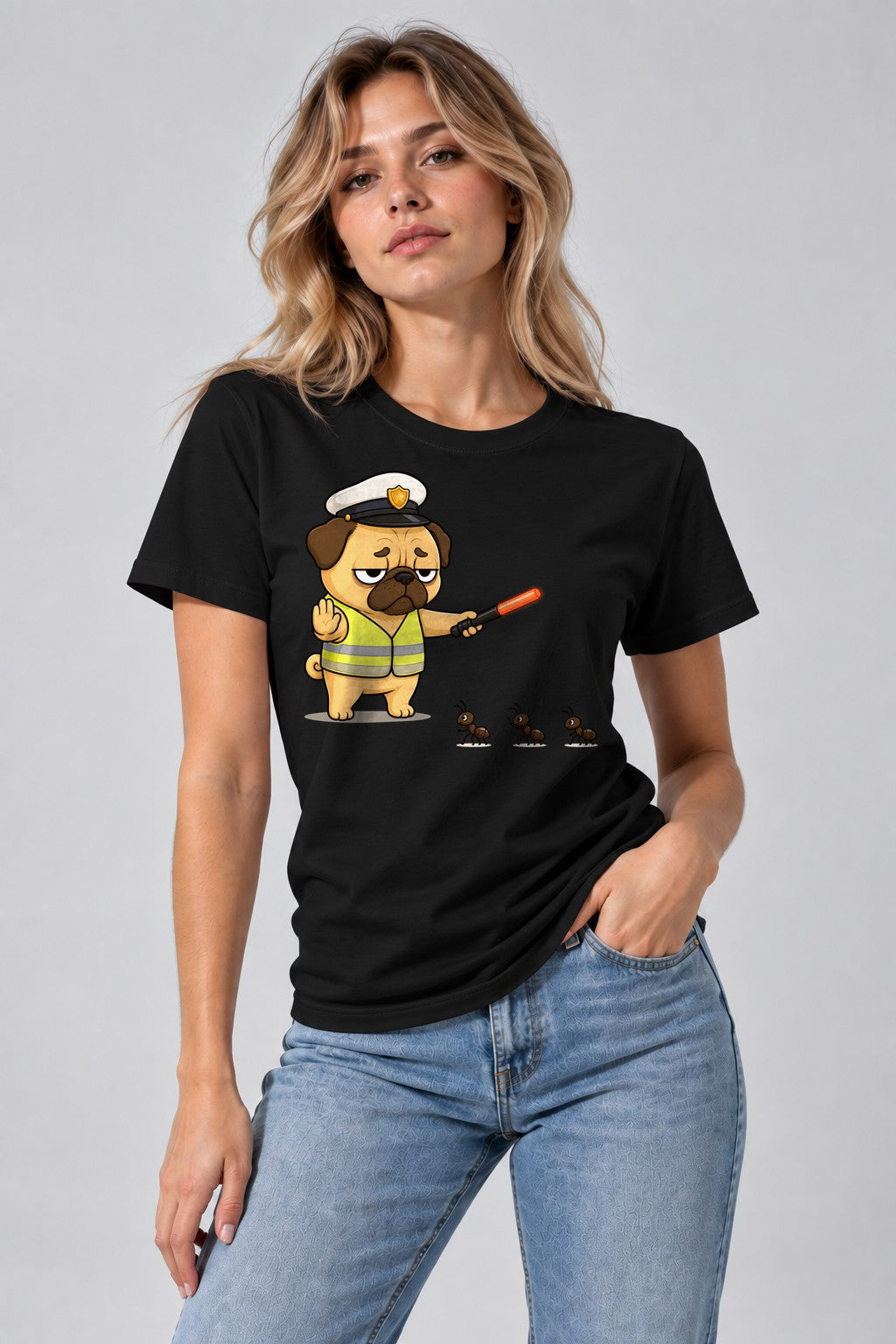 Grumpy Pug Traffic Guard VS Ant Army Funny Dog Uniform Humor - Black