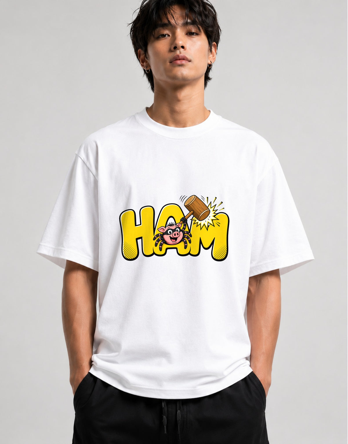 HAM Spider Pig Cartoon Graphic Tee - Funny Meme Shirt - White
