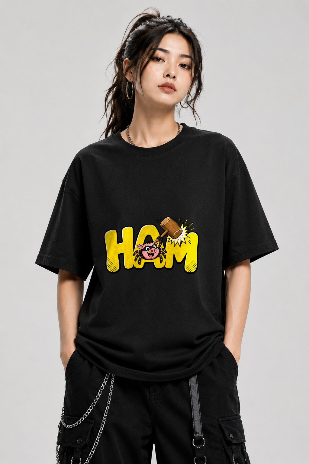 HAM Spider Pig Cartoon Graphic Tee - Funny Meme Shirt - Black