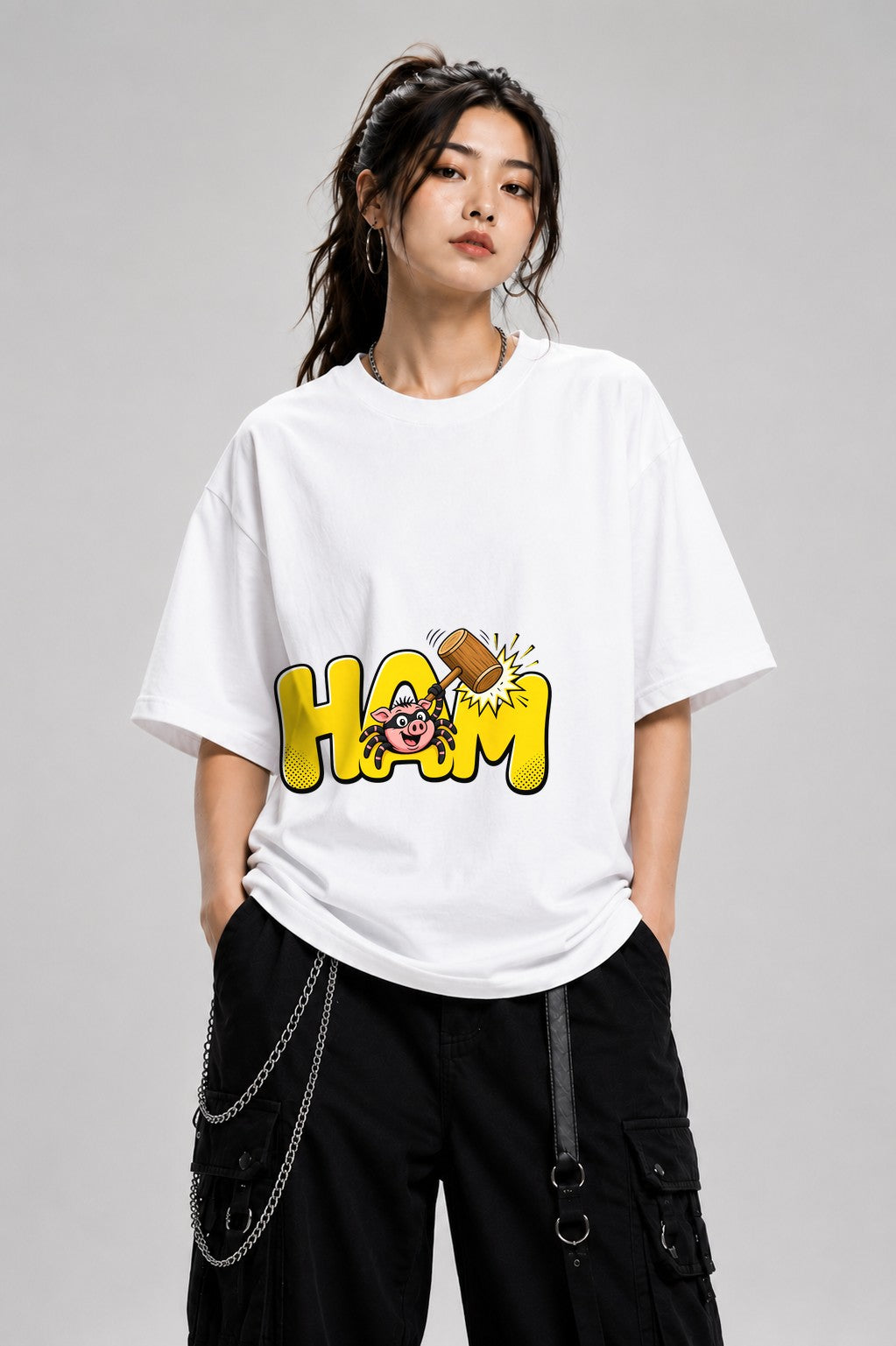 HAM Spider Pig Cartoon Graphic Tee - Funny Meme Shirt - White