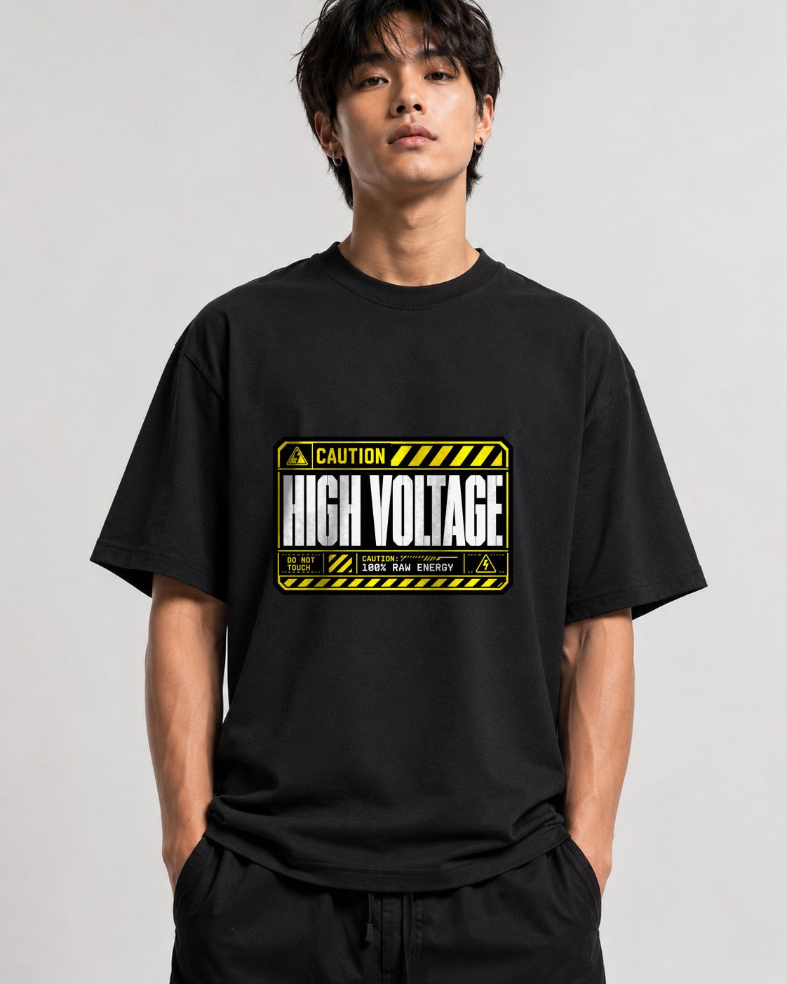 High Voltage Warning Sign Shirt - Industrial Caution Graphic Tee - Black