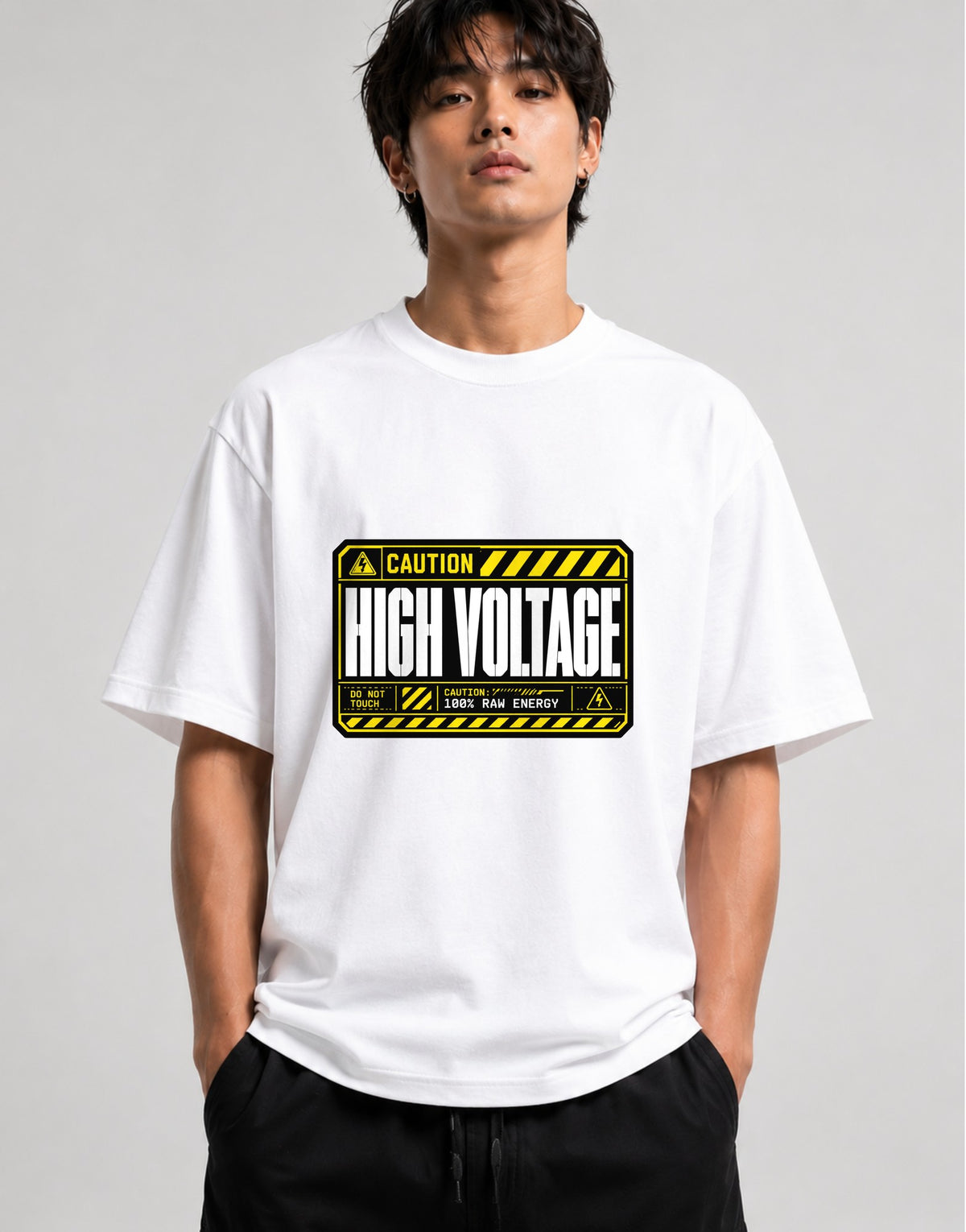 High Voltage Warning Sign Shirt - Industrial Caution Graphic Tee - White