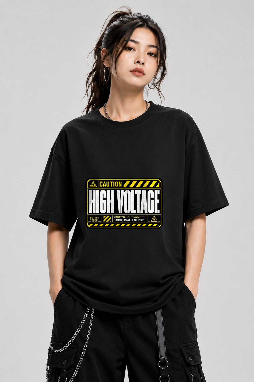 High Voltage Warning Sign Shirt - Industrial Caution Graphic Tee - Black