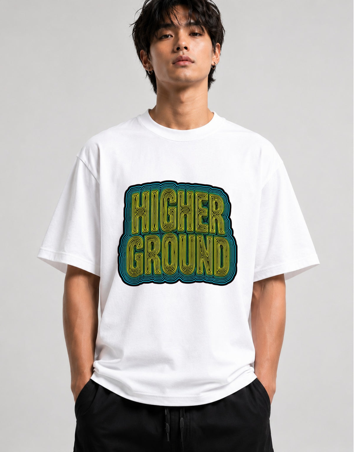 Higher Ground Retro Typography Shirt - Trippy Groovy Vibes - White