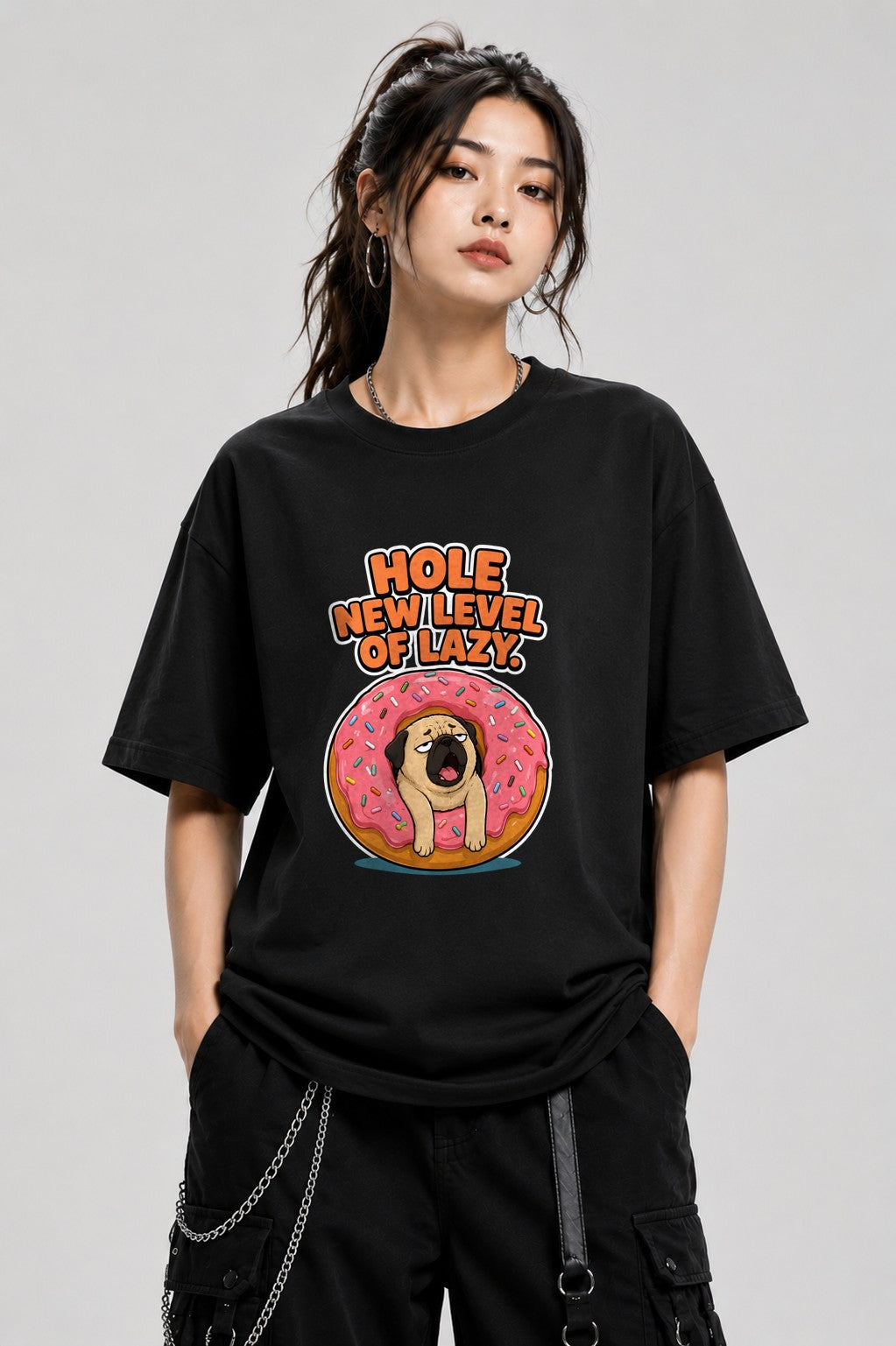 Hole New Level of Lazy Pug Donut Shirt - Funny Dog Meme Tee - Black