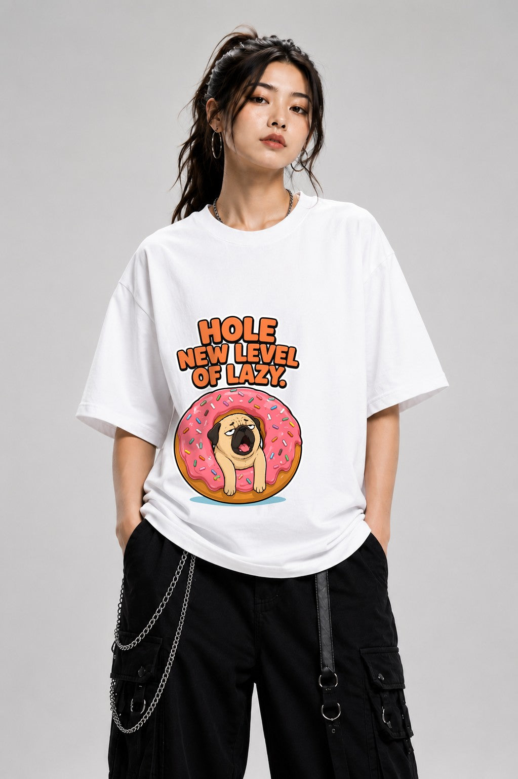 Hole New Level of Lazy Pug Donut Shirt - Funny Dog Meme Tee - White