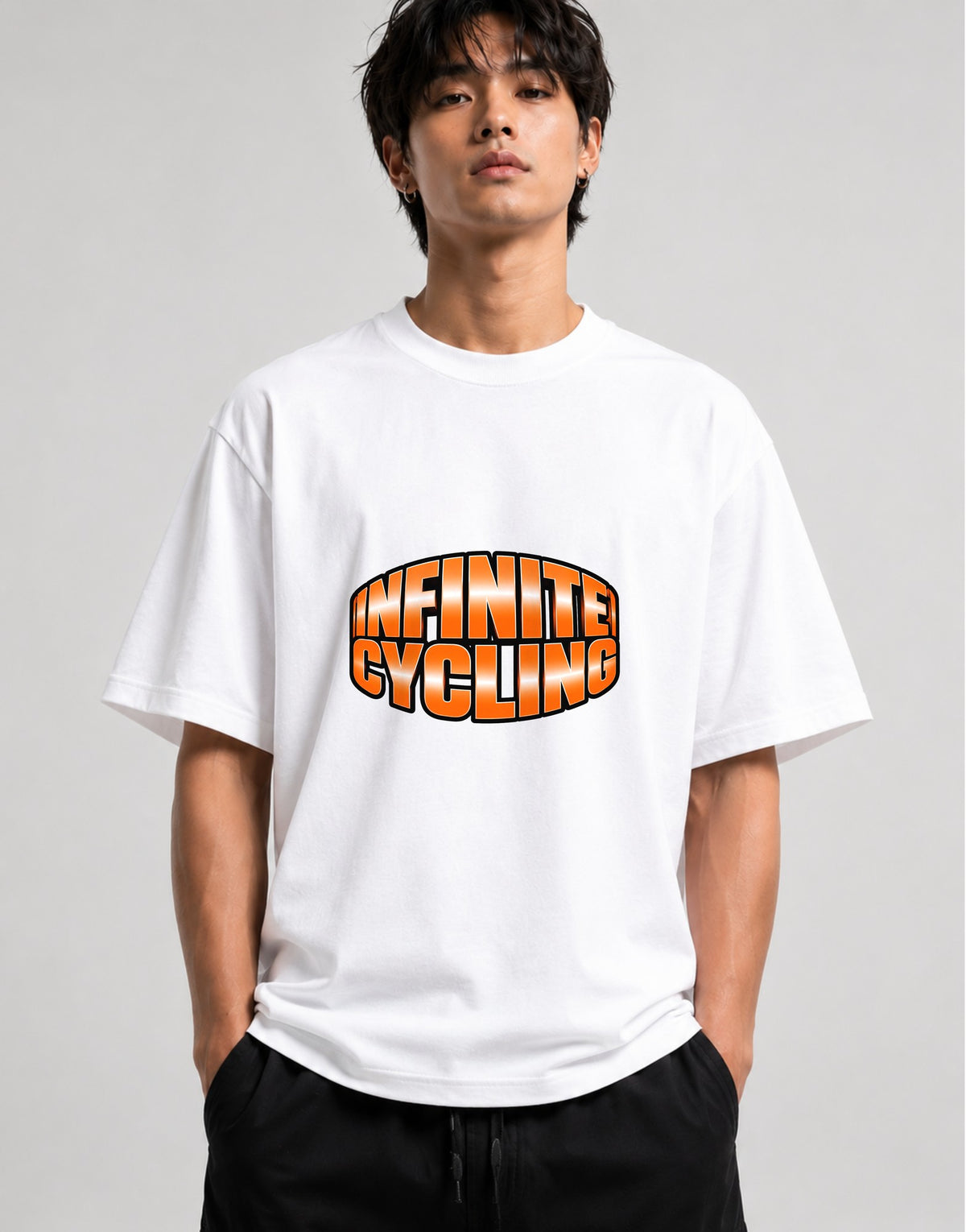 Infinite Cycling Bold Orange Graphic Tee - Retro Typography Style - White