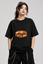 Infinite Cycling Bold Orange Graphic Tee - Retro Typography Style - Black