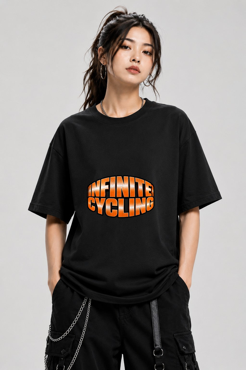Infinite Cycling Bold Orange Graphic Tee - Retro Typography Style - Black