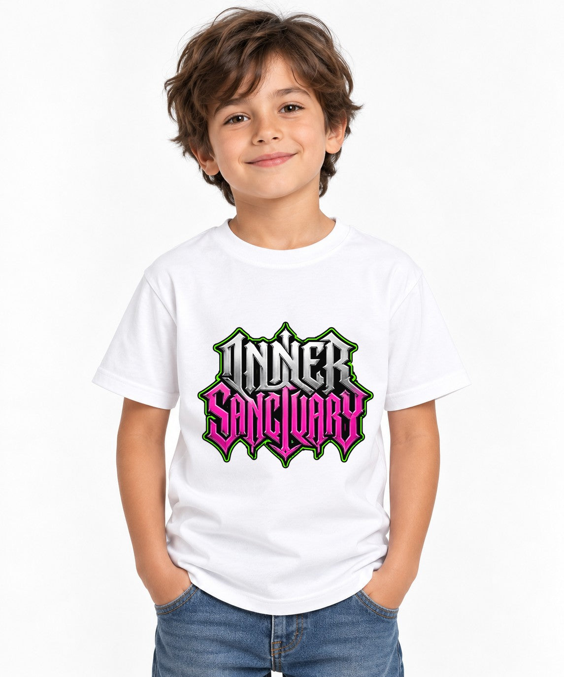 Inner Sanctuary Gothic Metal Typography Shirt - Bold Statement Tee - White