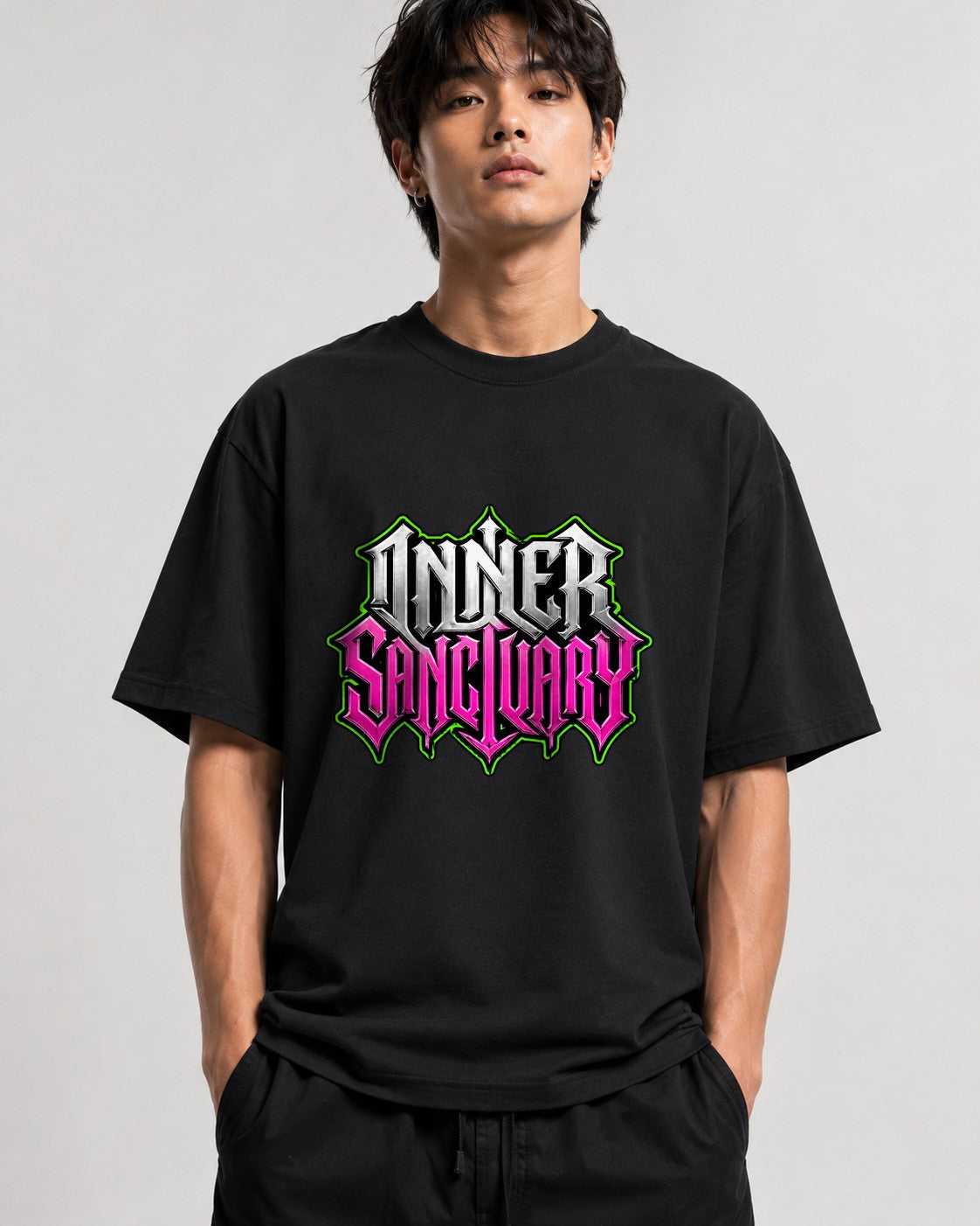 Inner Sanctuary Gothic Metal Typography Shirt - Bold Statement Tee - Black