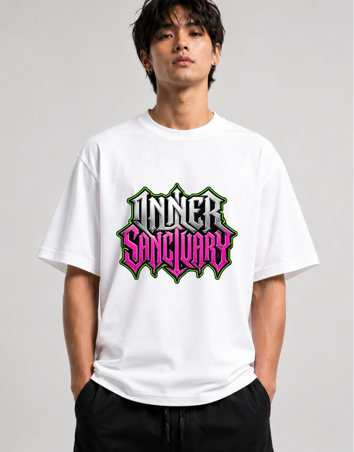 Inner Sanctuary Gothic Metal Typography Shirt - Bold Statement Tee - White
