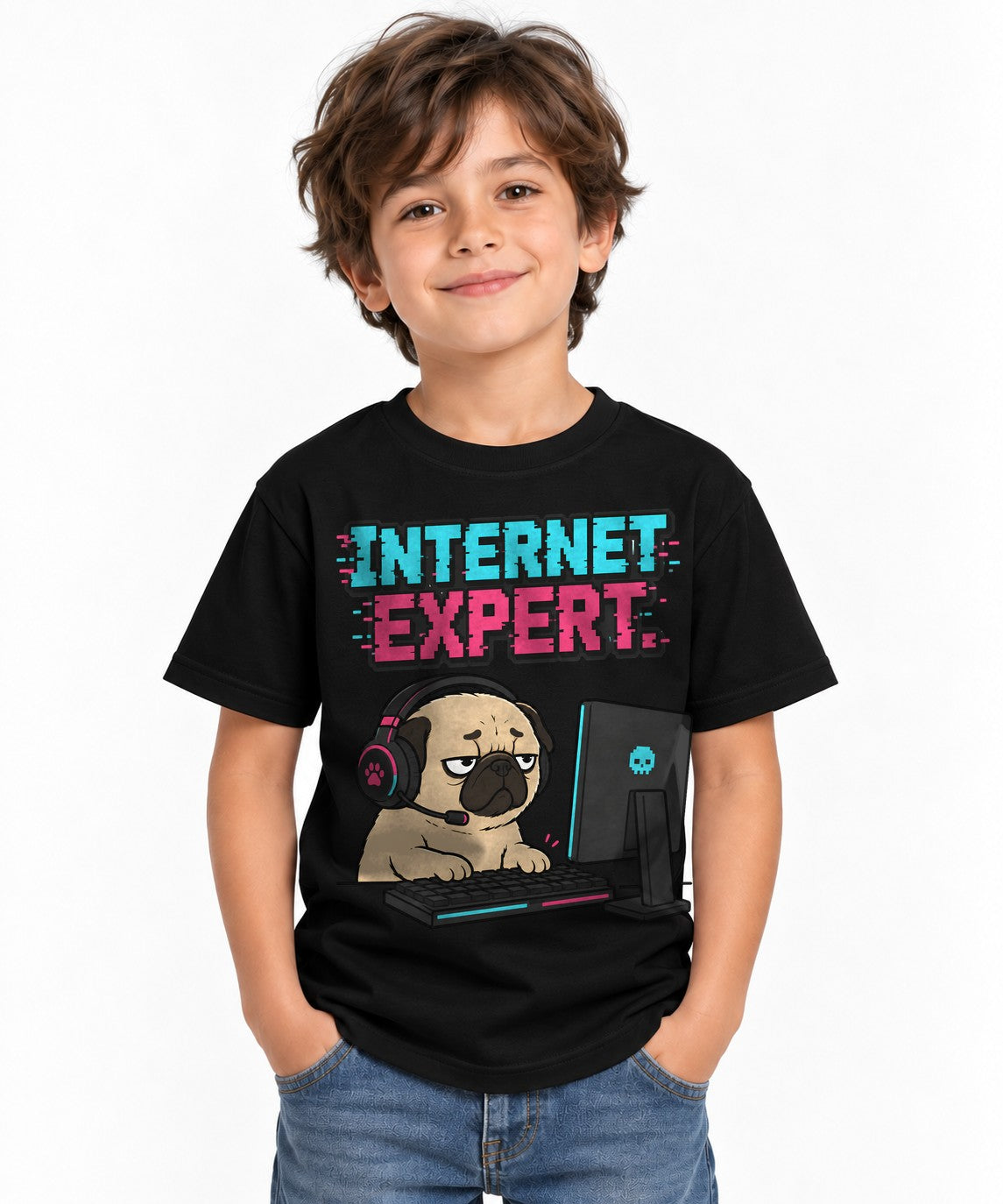 Internet Expert Funny Gamer Pug PC Gaming Glitch Cyber Dog Humor - Black