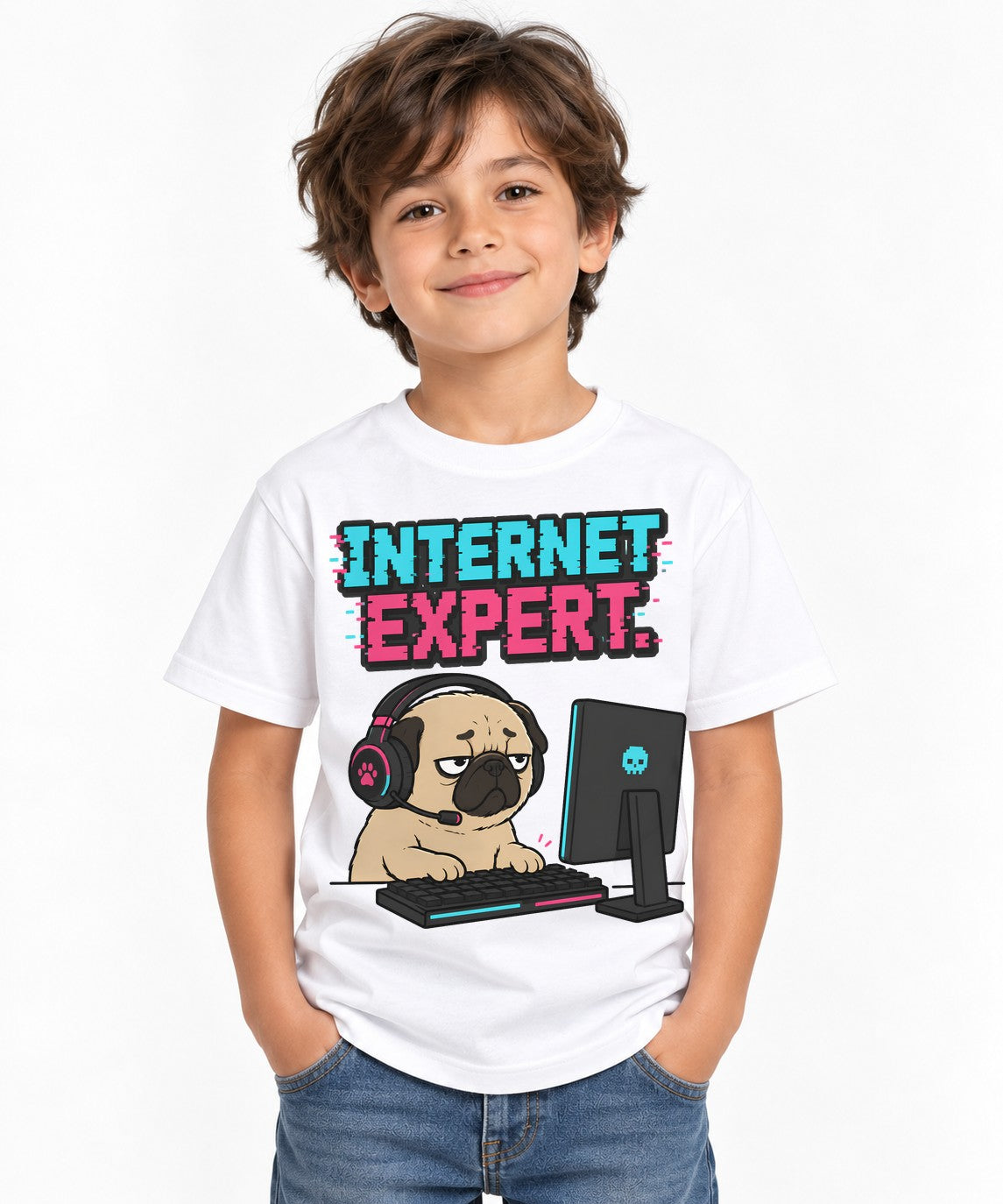 Internet Expert Funny Gamer Pug PC Gaming Glitch Cyber Dog Humor - White