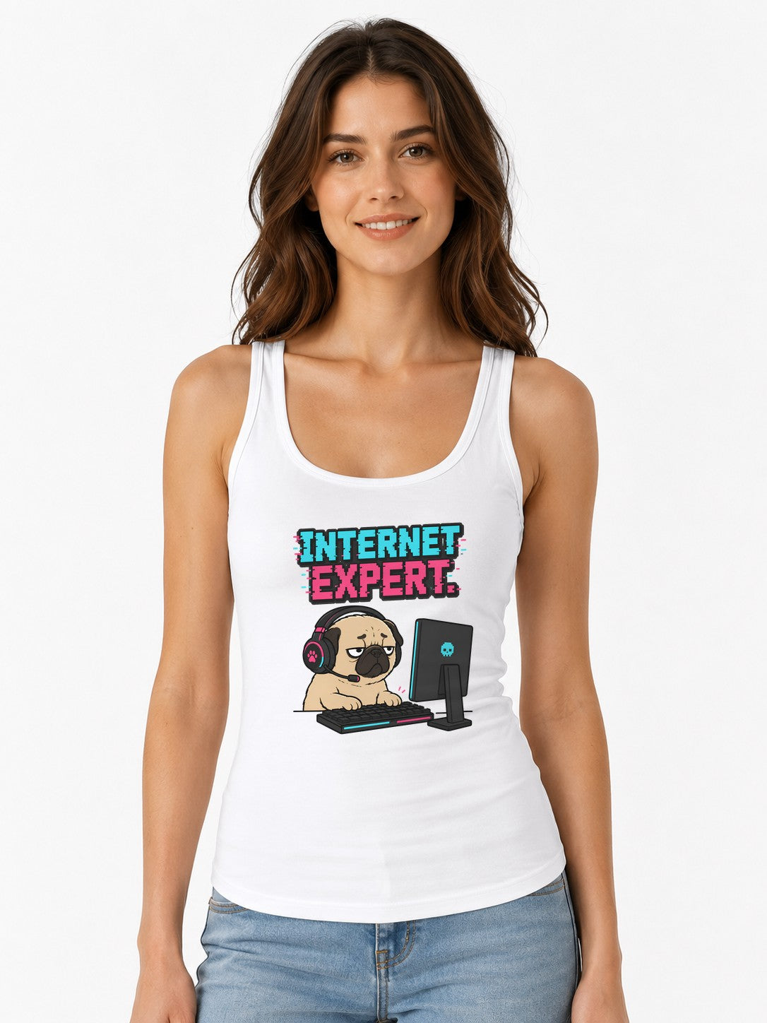 Internet Expert Pug Gamer T-Shirt - Funny Meme Graphic Tee - White