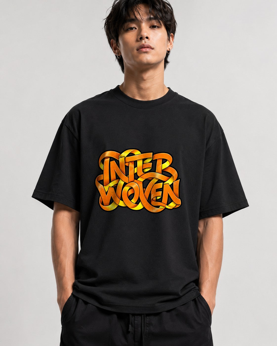 Interwoven Graffiti Typography Tee - Bold Orange Street Art Style - Black