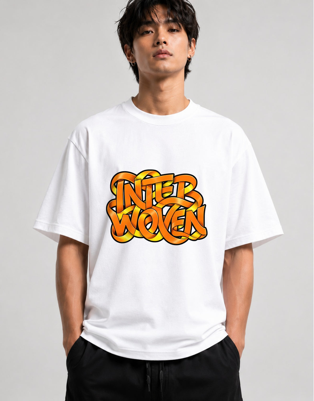 Interwoven Graffiti Typography Tee - Bold Orange Street Art Style - White
