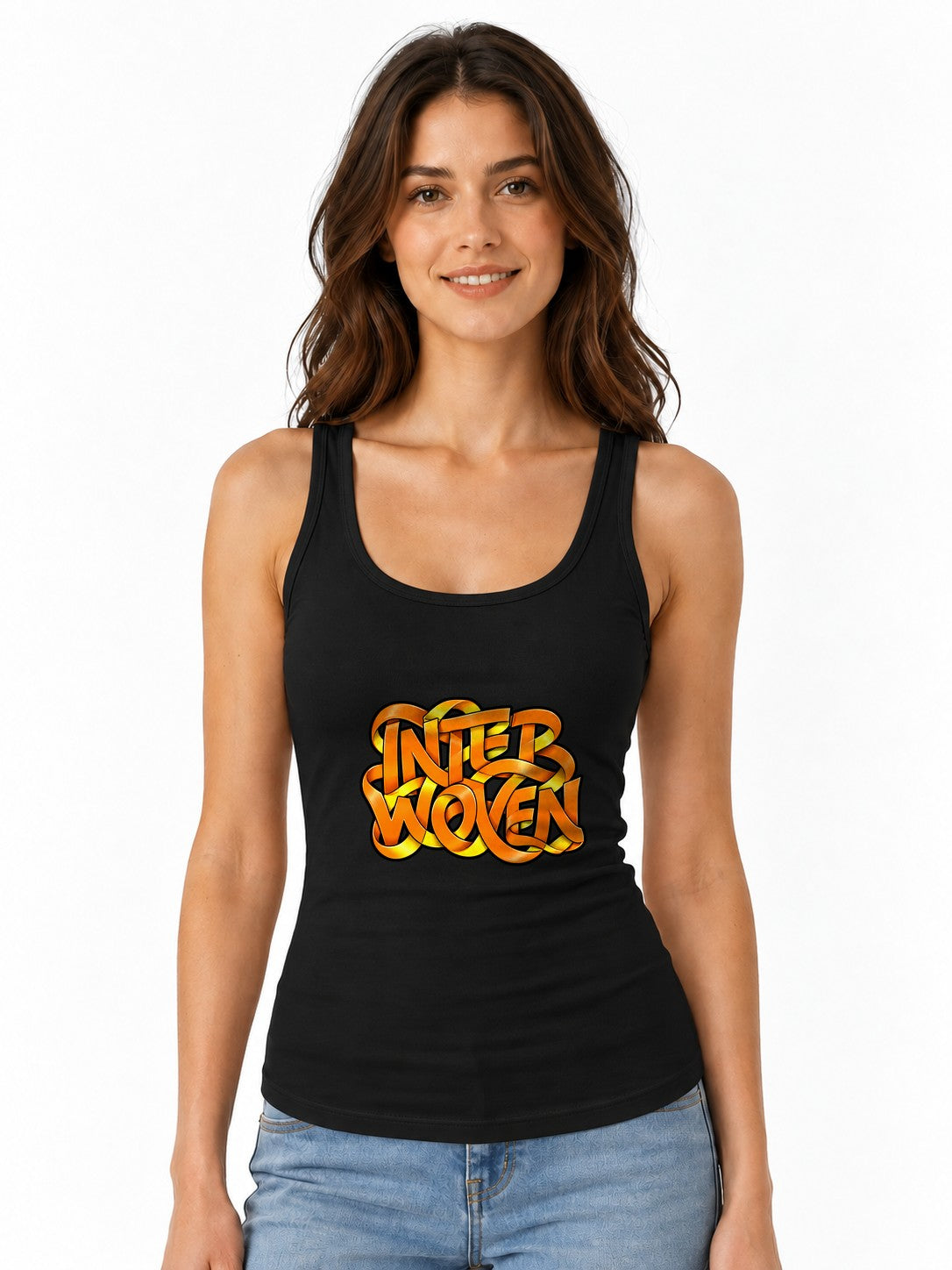 Interwoven Graffiti Typography Tee - Bold Orange Street Art Style - Black