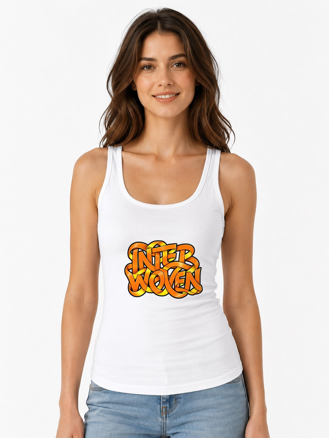 Interwoven Graffiti Typography Tee - Bold Orange Street Art Style - White