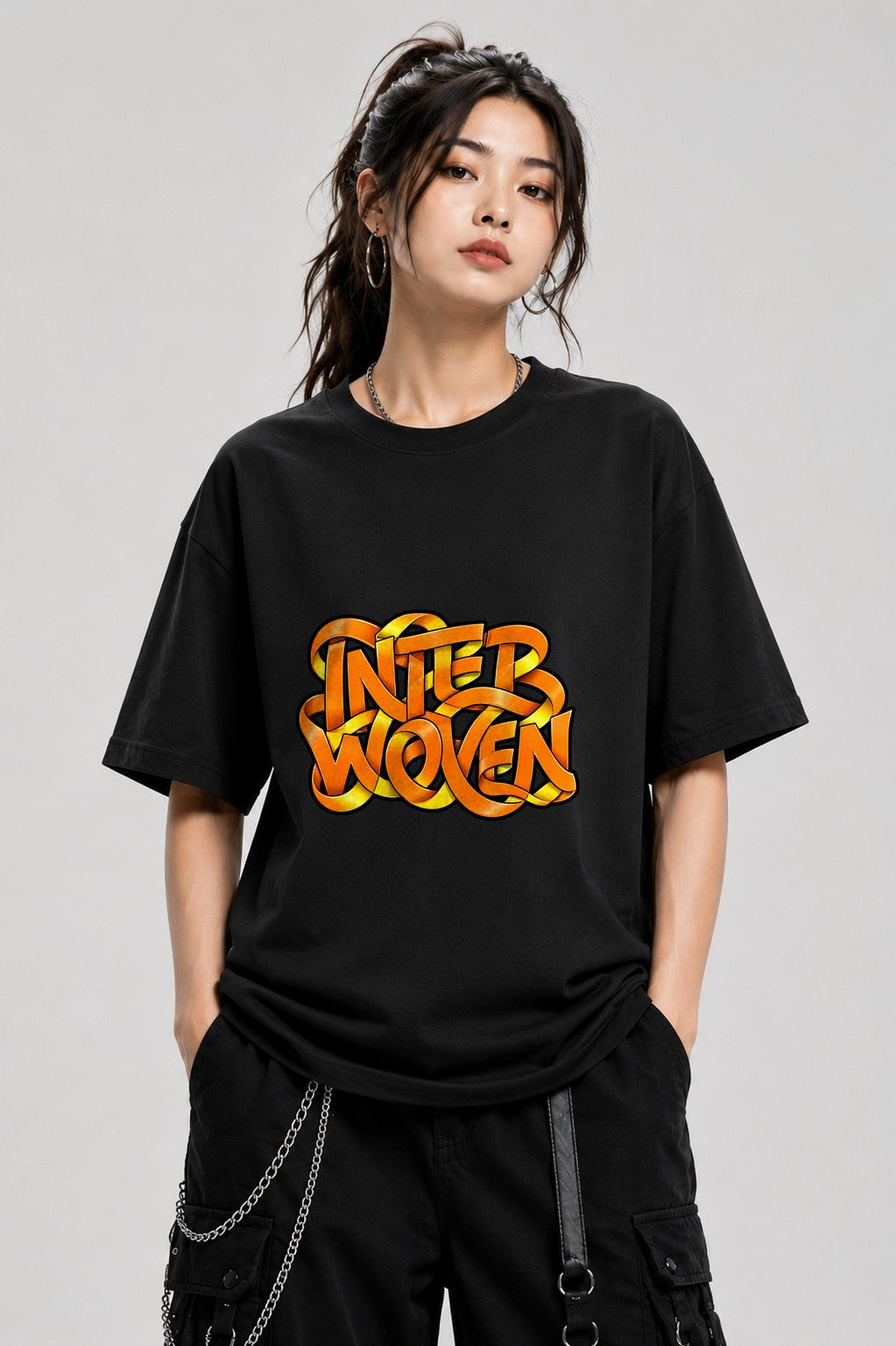 Interwoven Graffiti Typography Tee - Bold Orange Street Art Style - Black