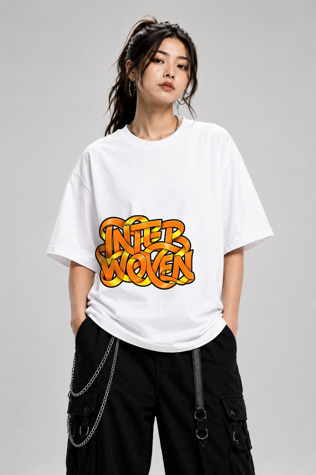 Interwoven Graffiti Typography Tee - Bold Orange Street Art Style - White
