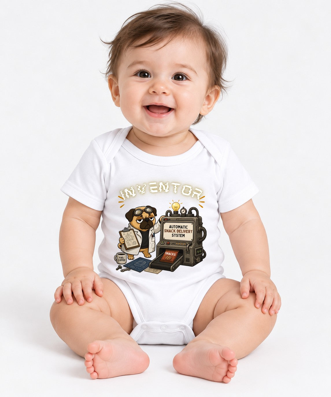Inventor Automatic Snack Delivery System Funny Scientist Pug Dog - White