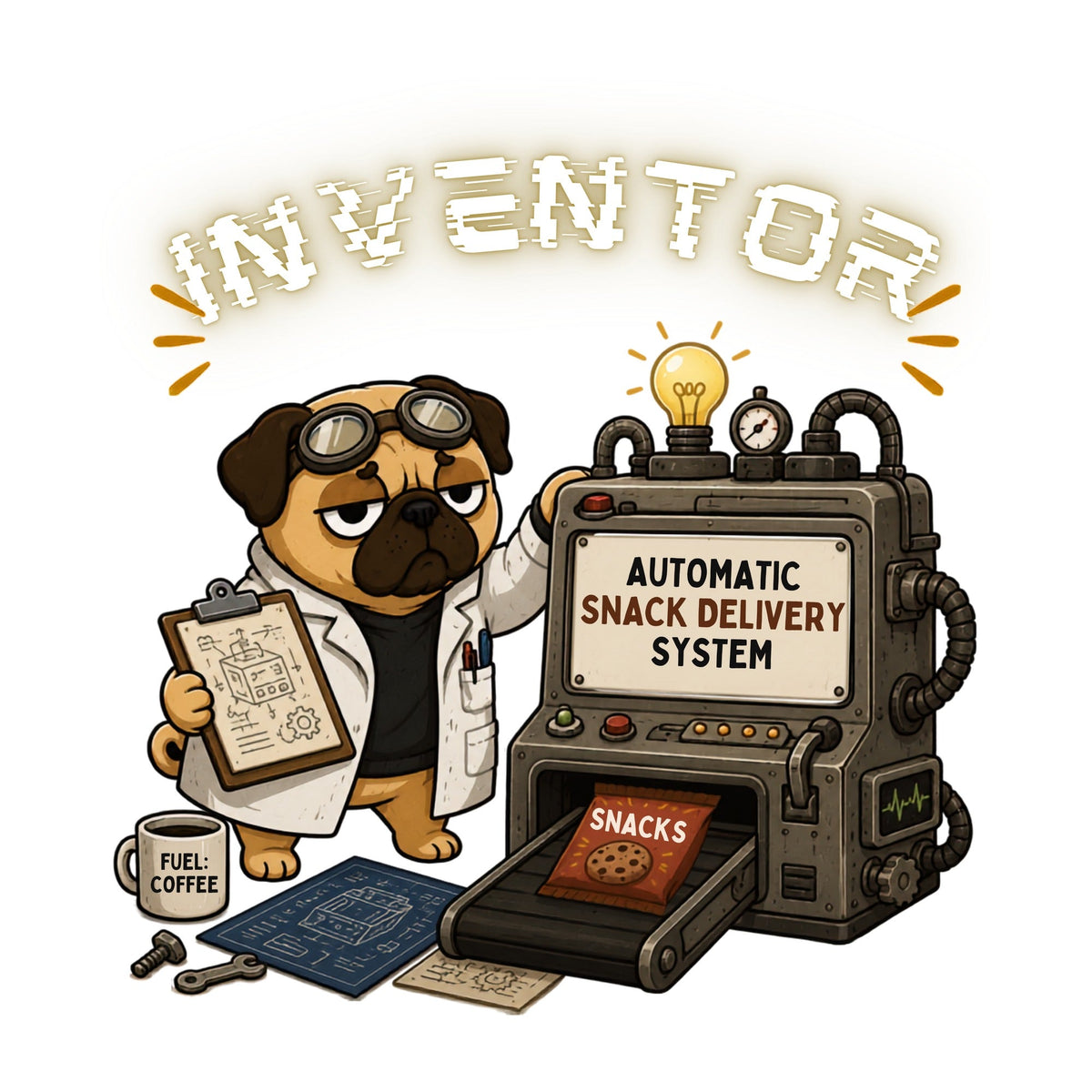 Inventor Automatic Snack Delivery System Funny Scientist Pug Dog