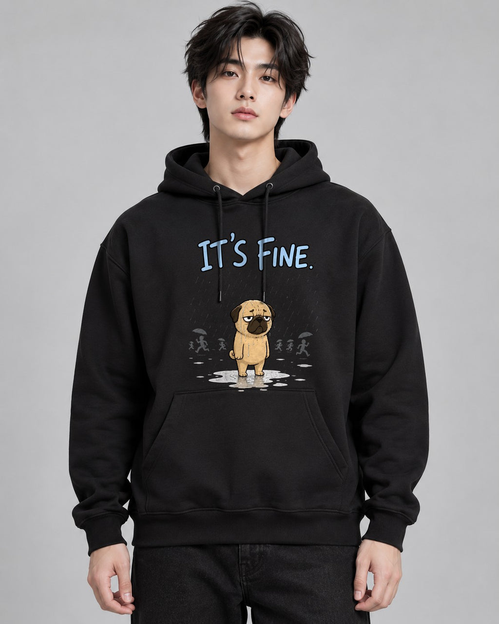 It's Fine Funny Pug In Rain Storm Sa - Black