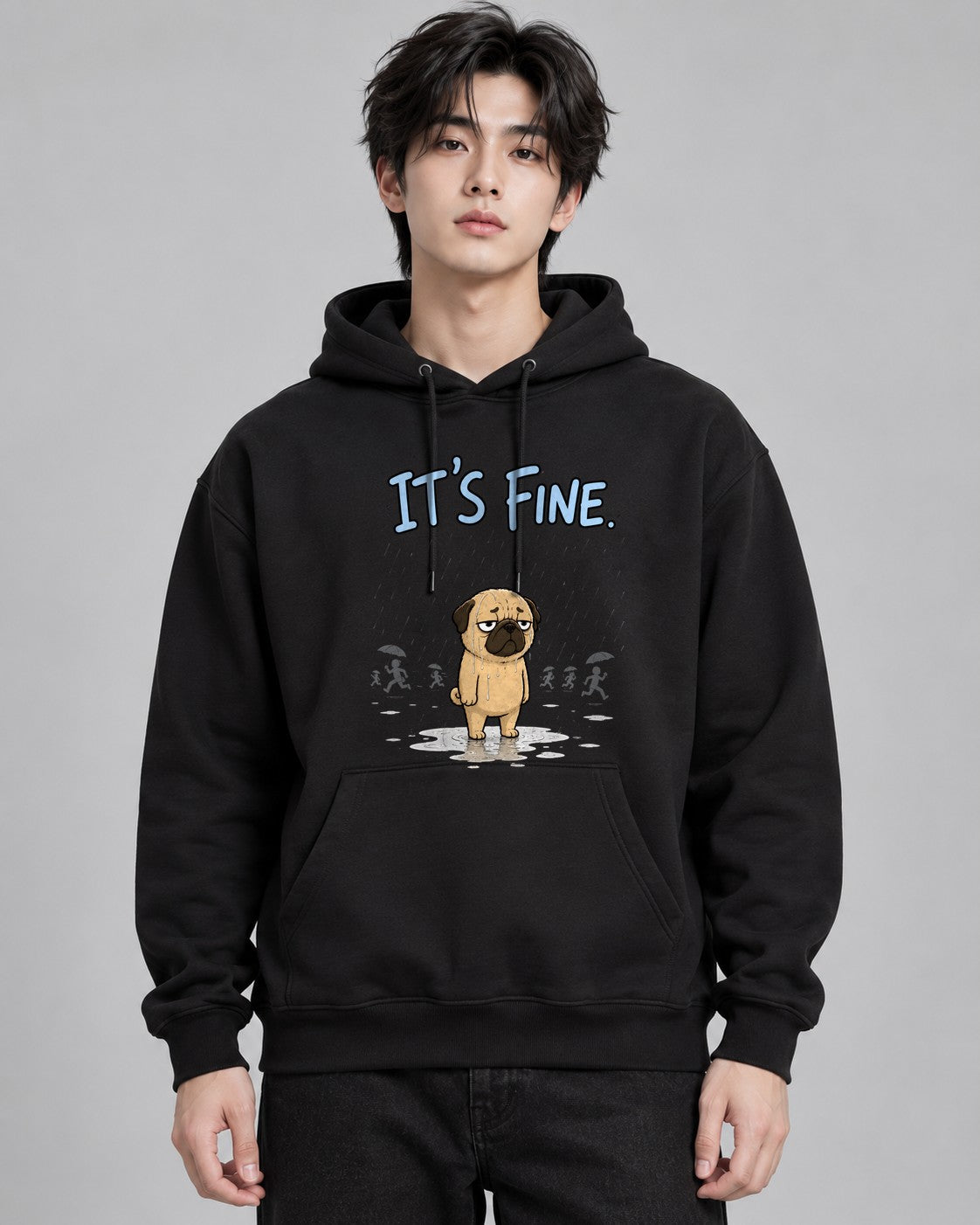 It's Fine Funny Pug In Rain Storm Sa - Black