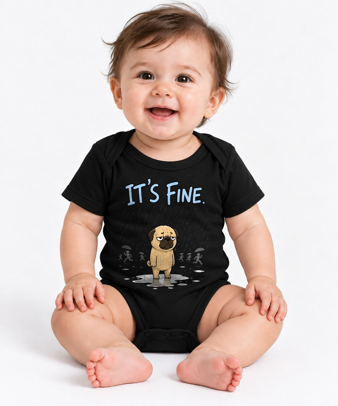 It's Fine Funny Pug In Rain Storm Sarcastic Dog Introvert Humor - Black