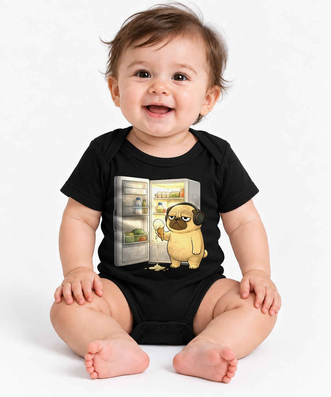 Late Night Snack Pug Dog Refrigerator Melting Ice Cream Funny Humor - Black